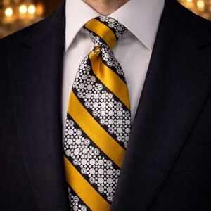 VINTAGE VELDUCCI TERYLENE NECKTIE BLACK WHITE CIRCLE STRIPE GOLD BOXED NOS